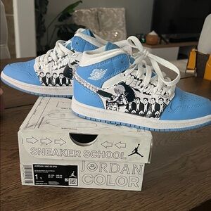 Jordan Mid Sneakers in Blue and White with Graphic Design